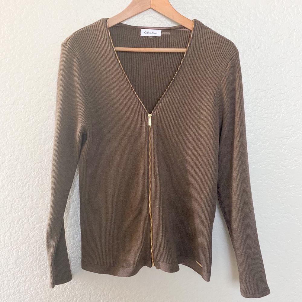 CALVIN KLEIN V-neck Sweater Ribbed Zipper, Large